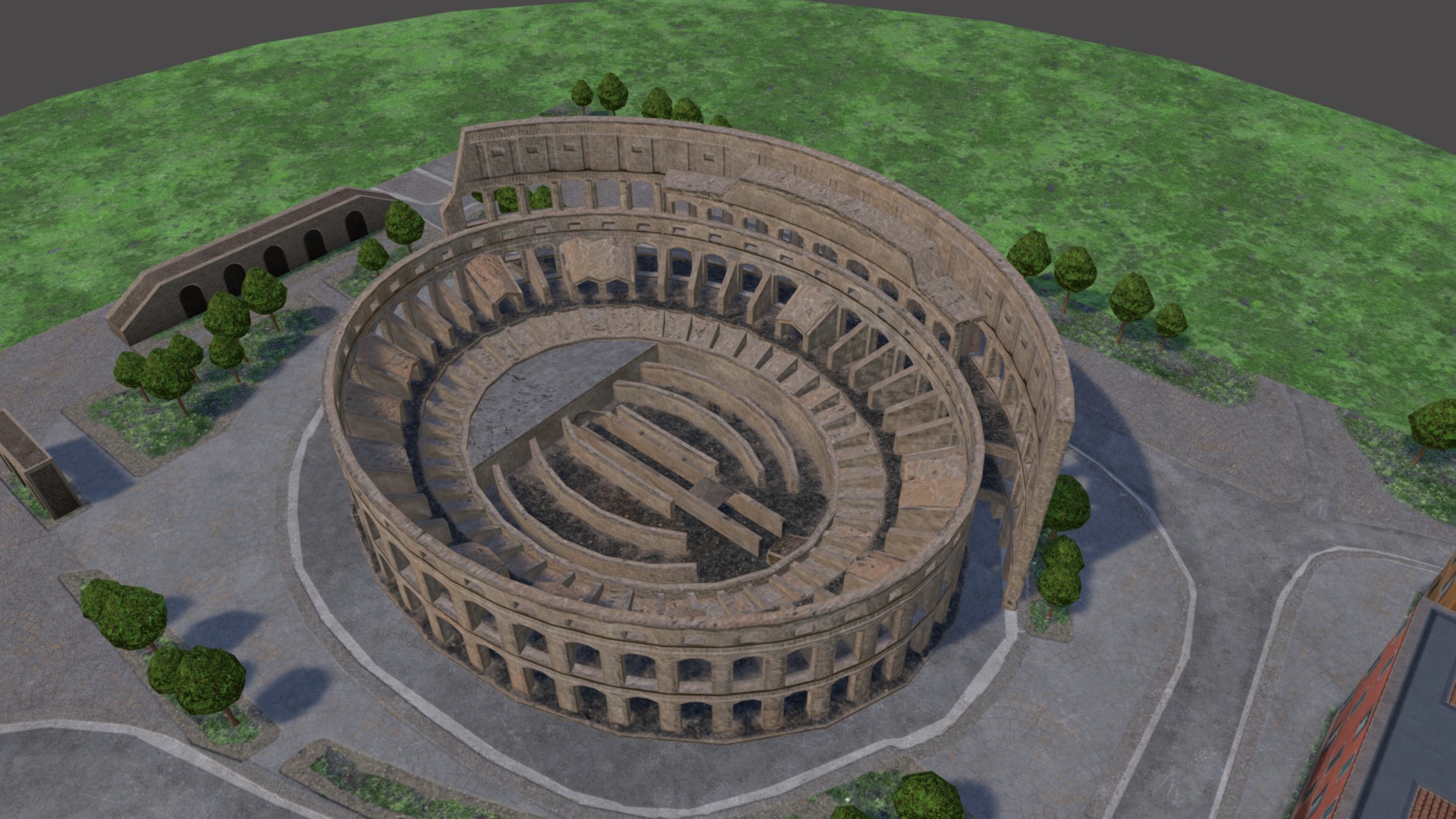 3D model Colosseum_Draft - This is a 3D model of the Colosseum_Draft. The 3D model is about a circular building with a road and grass around it.