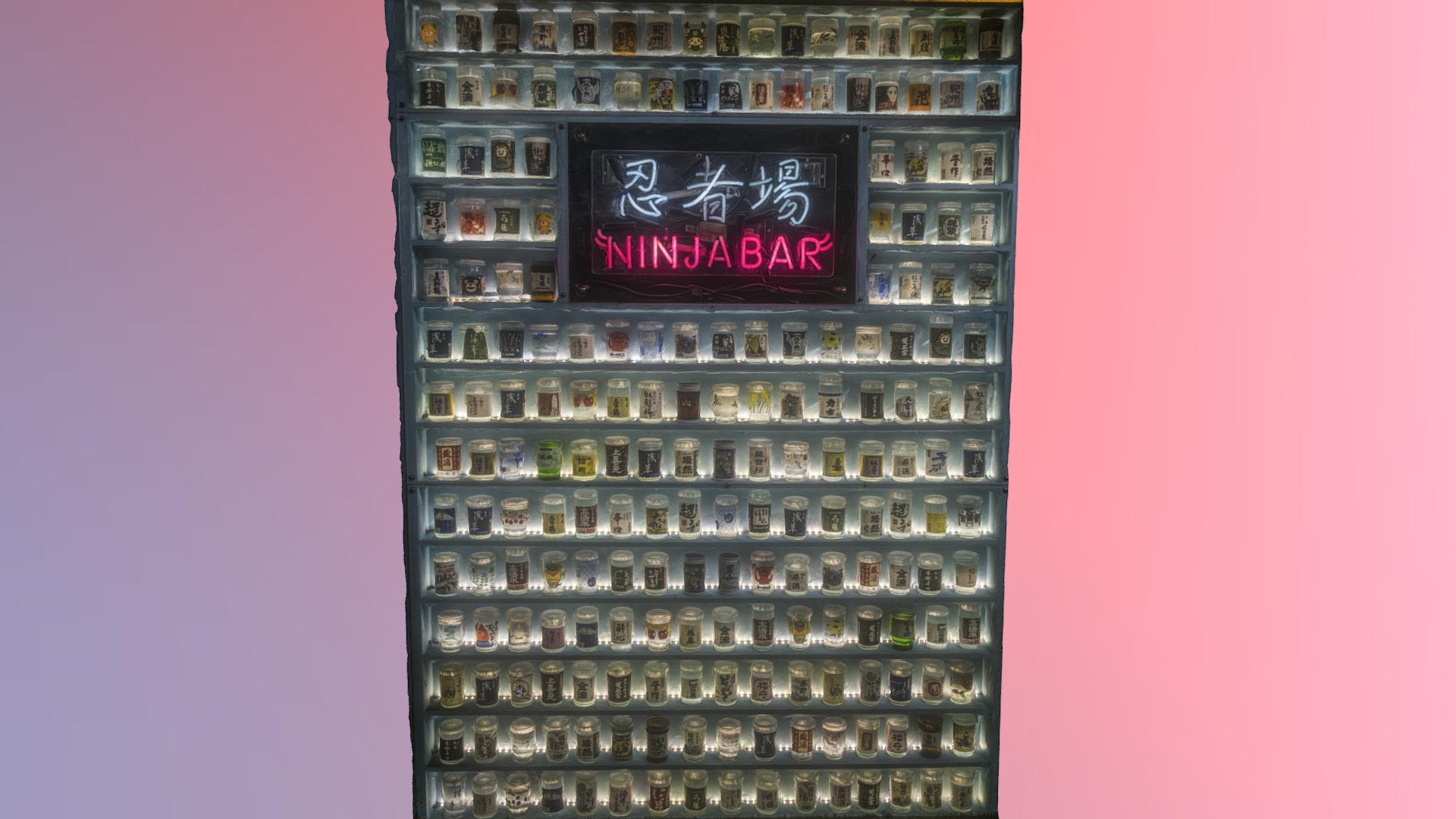 3D model Ninja bar front glasses - This is a 3D model of the Ninja bar front glasses. The 3D model is about a tall building with a sign on it.