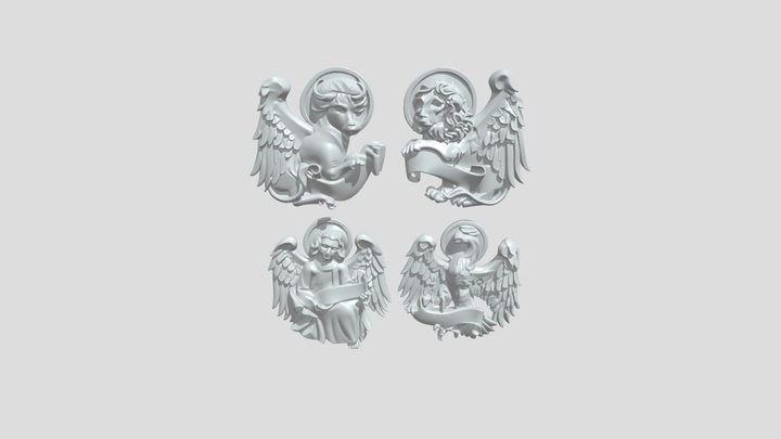 Four golden winged angel relief sculptures