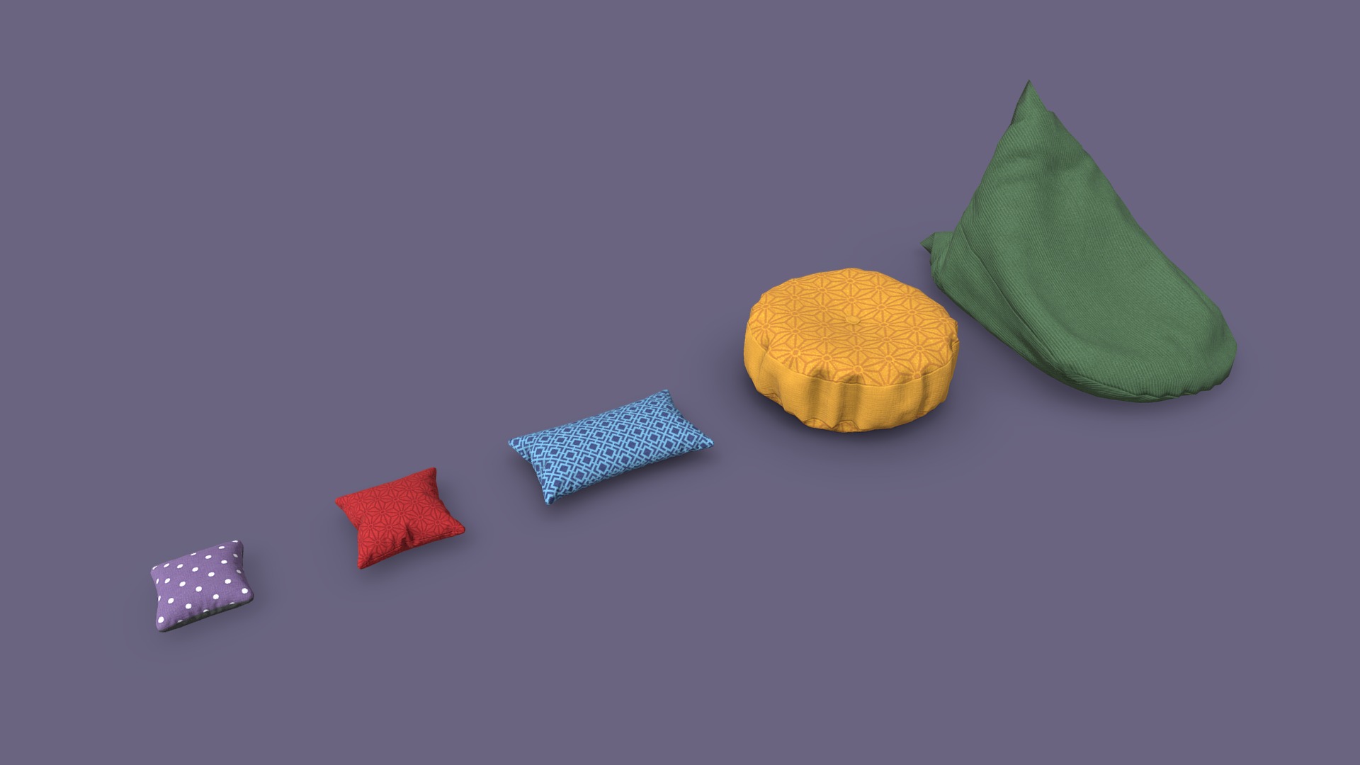 3D model Cushions - This is a 3D model of the Cushions. The 3D model is about a group of different colored objects.