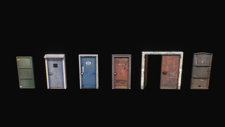 Low-Poly PSX Style Industrial Metal Doors Pack 3D Model