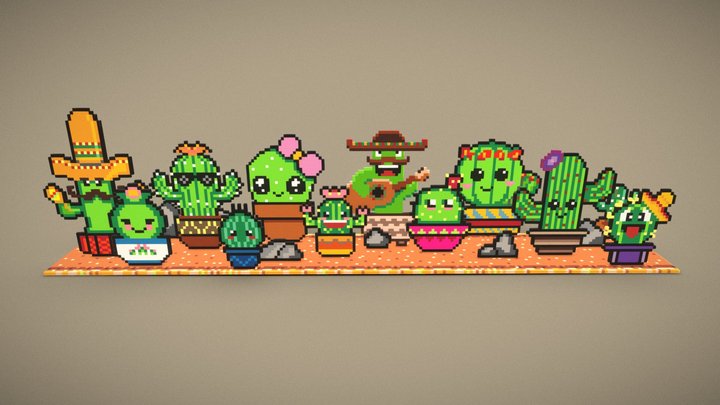 Cactus Family Kawaii Pixel / Voxel 3D Model