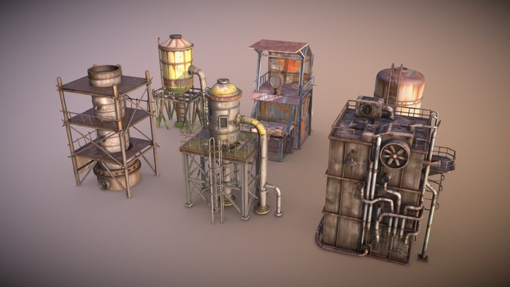 6 Industrial Post-Apocalyptic Assets 3D Model