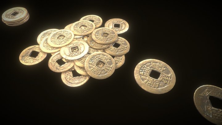 Japanese Old Coins Damaged Pile Money Currency 3D Model