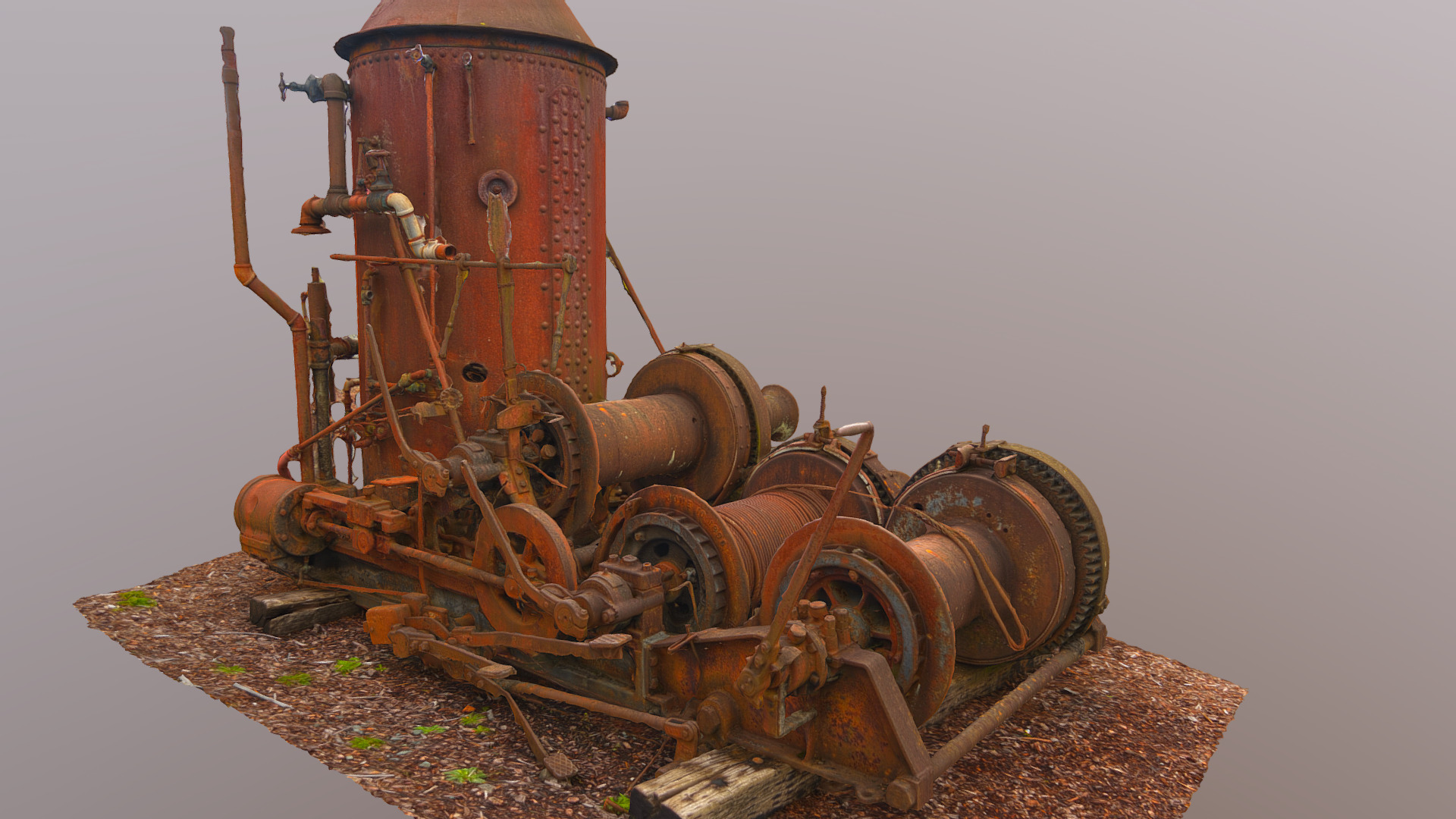 3D model Steam Donkey - This is a 3D model of the Steam Donkey. The 3D model is about a rusted out machine on a wooden platform.