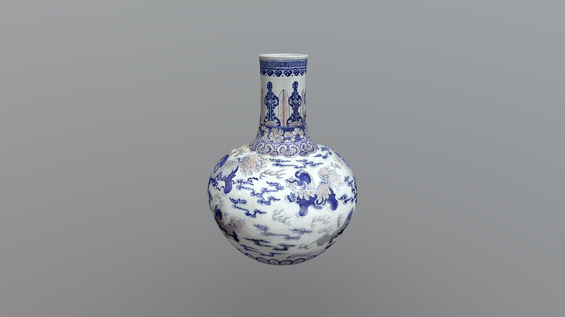青花釉里红狮子绣球纹大开球瓶- 3D model by itailai.com (@itailai