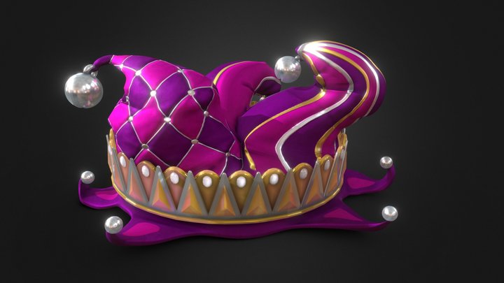 Purple Jester Hat with Crown 3D Model