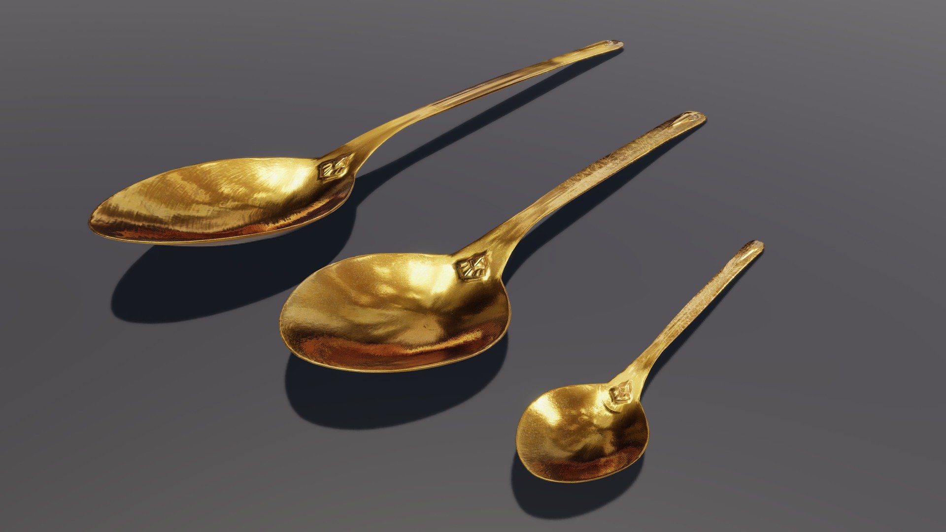 Golden tablespoon, dessert spoon and teaspoon Download Free 3D model