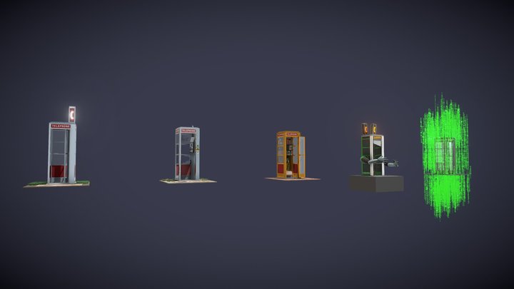 Telephone booth drafts lowpoly models 3D Model