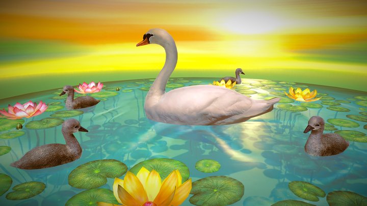 Mute Swan & Babies + Waterlily 3D Model