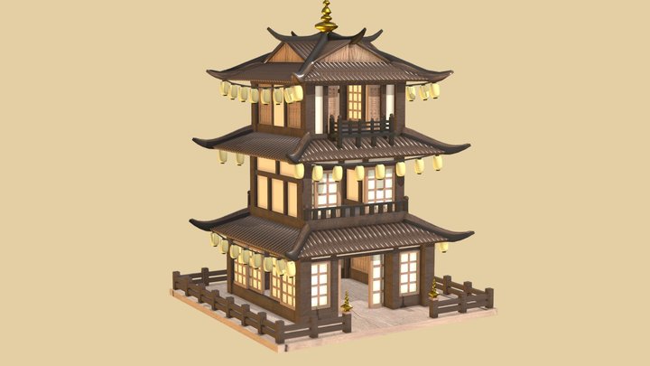Traditional Japanese House with Lanterns 3D Model