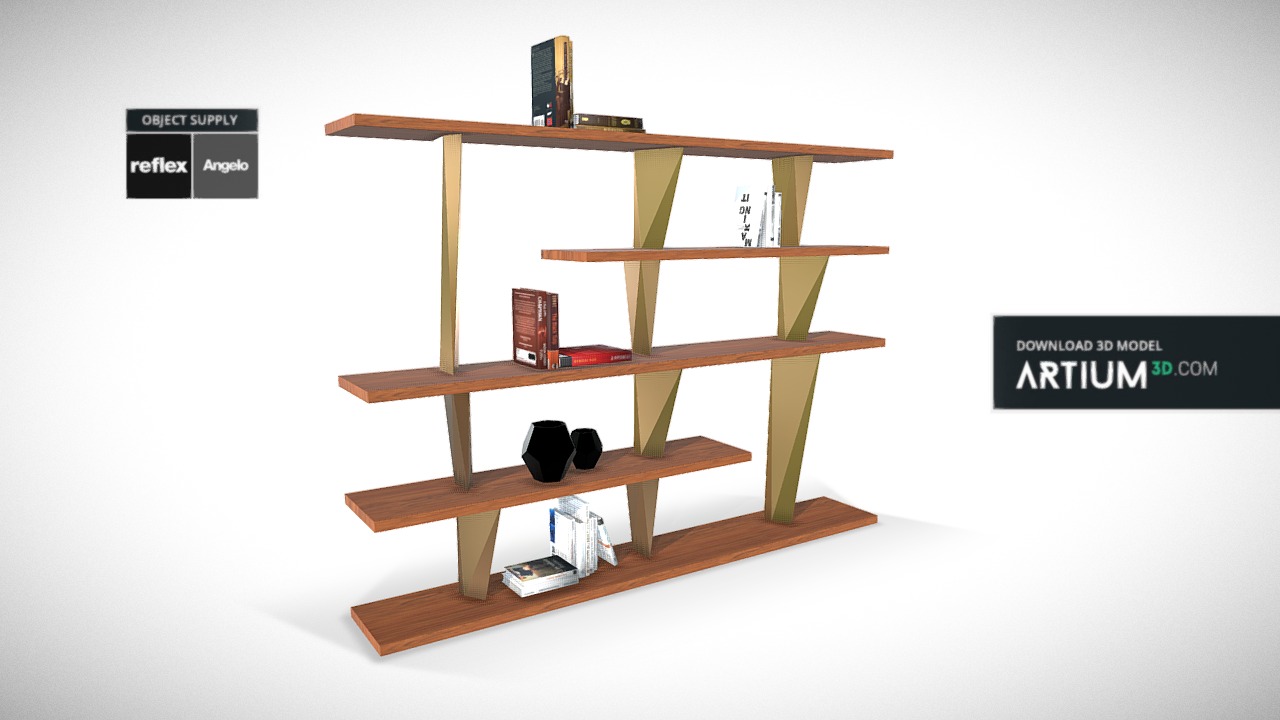 3D model Modular bookcase Prisma Liberia – Reflex Angelo - This is a 3D model of the Modular bookcase Prisma Liberia - Reflex Angelo. The 3D model is about a wooden shelf with objects on it.