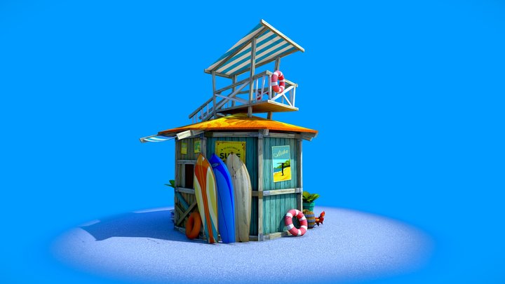 CARTOON HUT HOUSE LOW POLY SURFING HANDPAINTED 3D Model