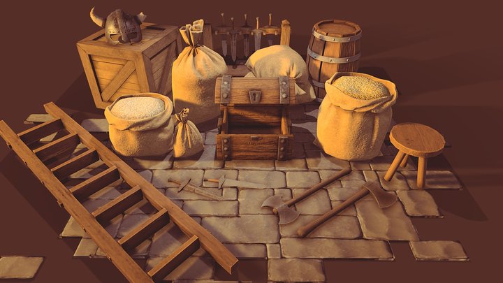 Medieval Props Burlap Sacks And Weapons (Asset) 3D Model