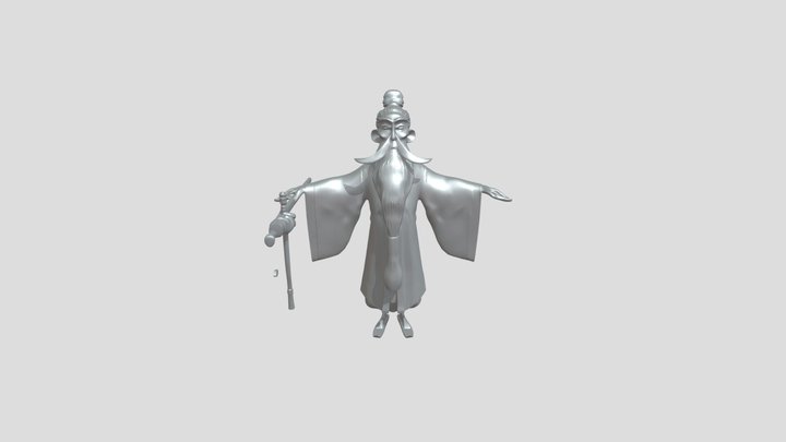 elderly man in traditional Asian robe with staf 3D Model