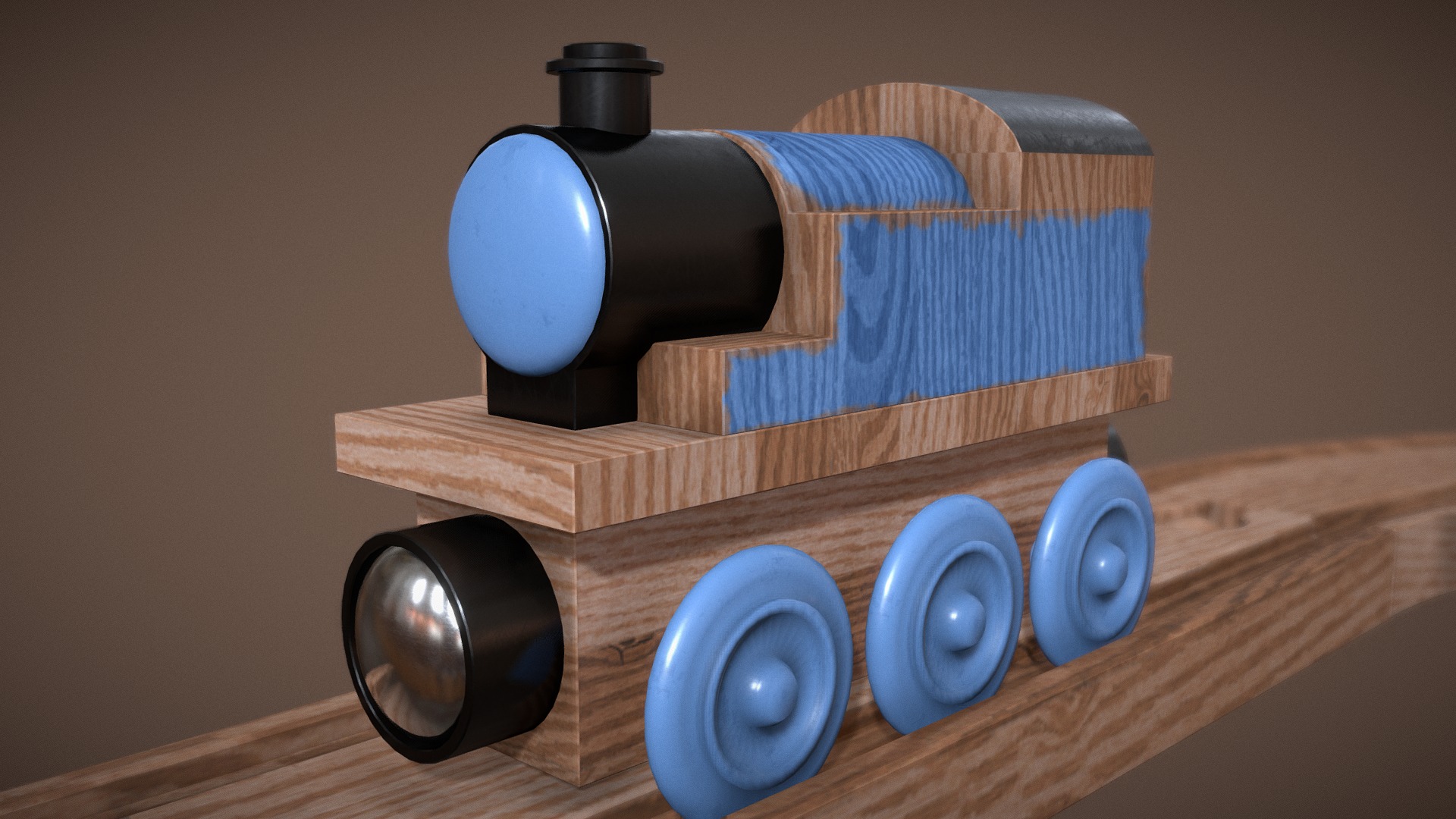 3D model Toy train - This is a 3D model of the Toy train. The 3D model is about a stack of blue and white cylindrical objects on a wooden surface.