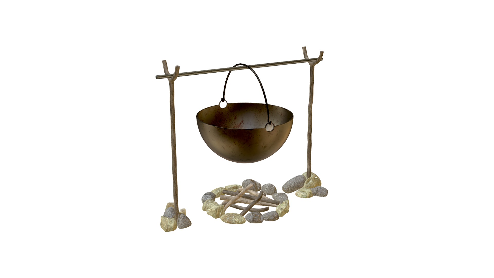 3D model Cauldron over campfire - This is a 3D model of the Cauldron over campfire. The 3D model is about a basket with coins.