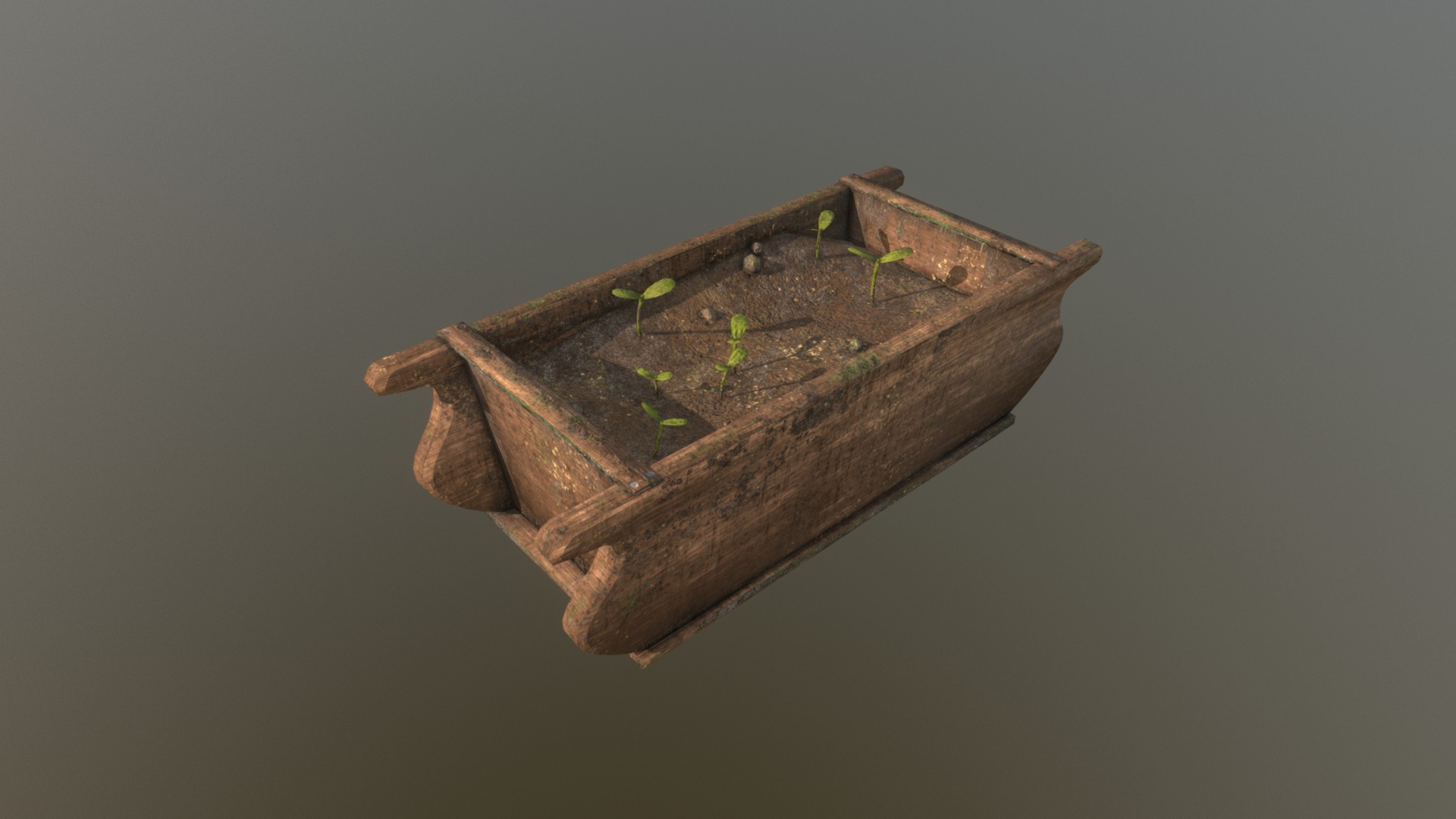 3D model Old Washtub with Tiny Sprouts - This is a 3D model of the Old Washtub with Tiny Sprouts. The 3D model is about a wooden block with small green leaves.