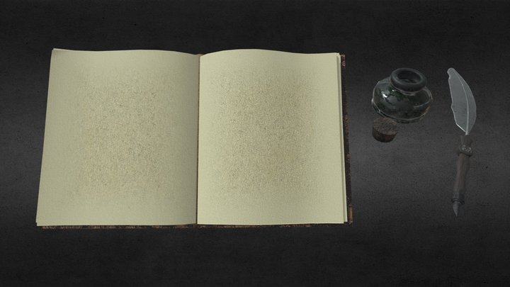 Book, inkwell and fountain pen. 3D Model