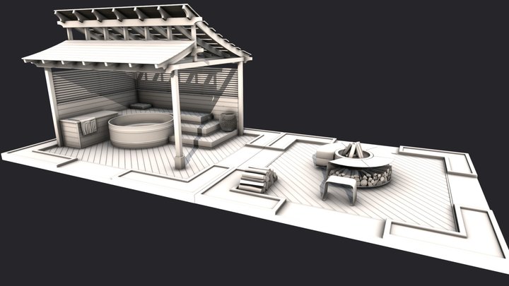 Pagoda Themed Spa and Firepit 3D Model