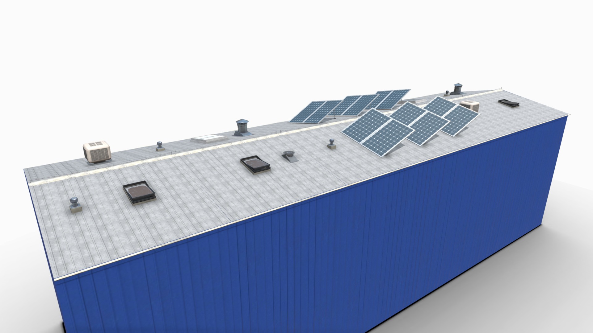 3D model Industrial Roof elements - This is a 3D model of the Industrial Roof elements. The 3D model is about a blue building with solar panels.