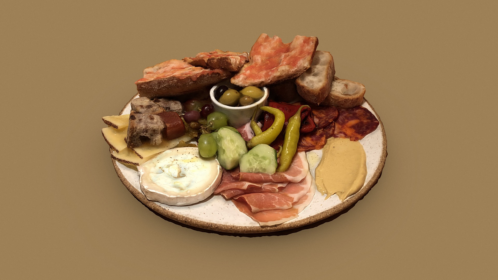 3D model Appetizer plate with cheese and cured meat - This is a 3D model of the Appetizer plate with cheese and cured meat. The 3D model is about a plate of food.