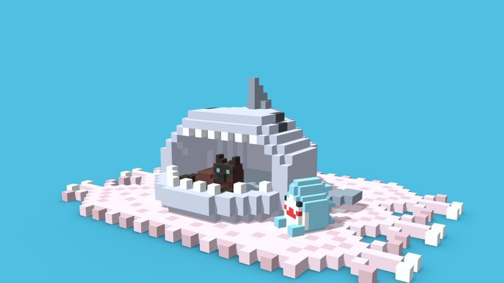 Voxel Black Cat In Shark Pet Bed 3D Model