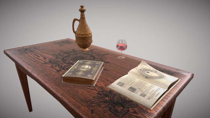 Table, books, wine glass 3D Model