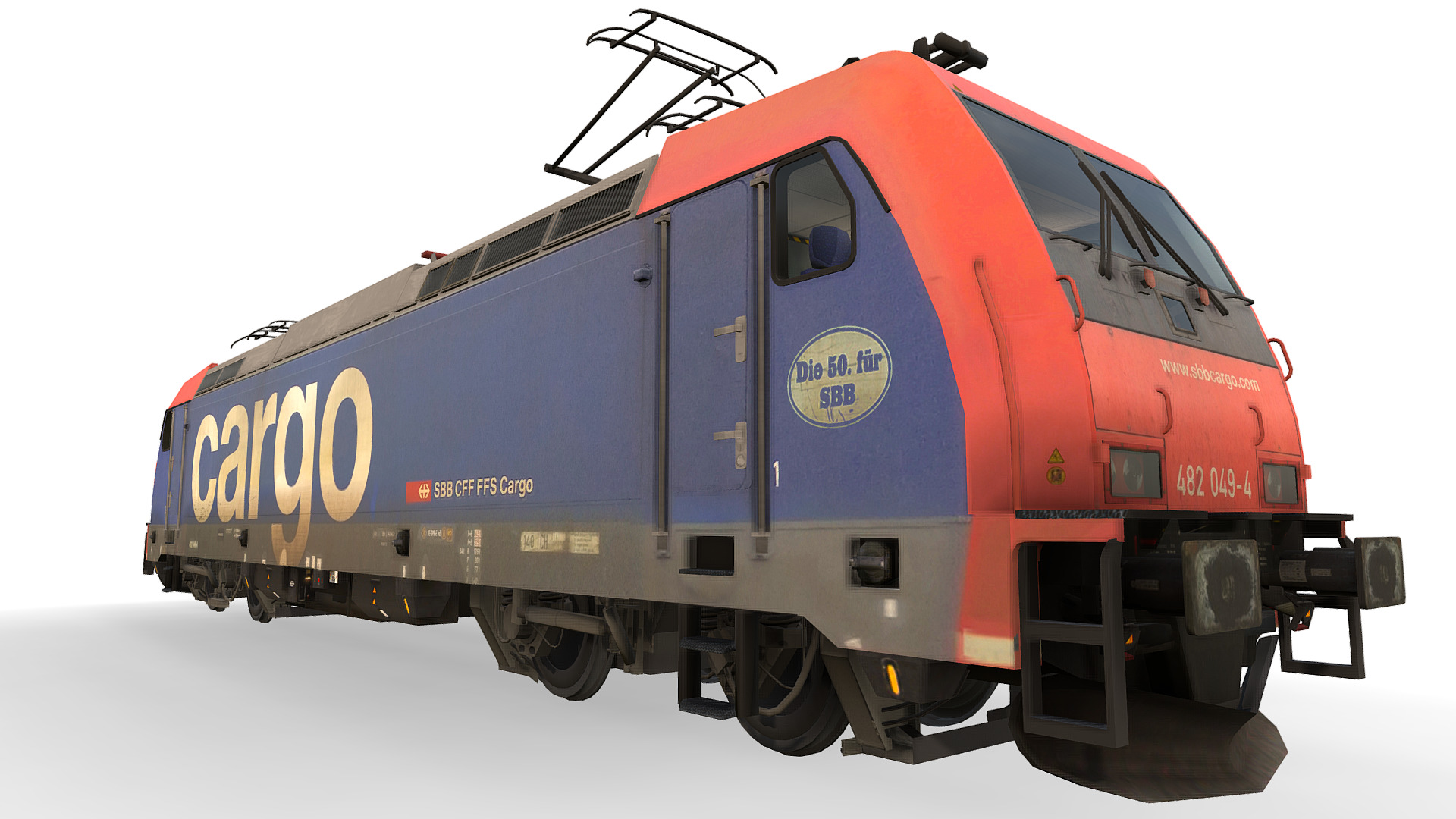 3D model Locomotive Class 185 – RE482 049-4 – SBB - This is a 3D model of the Locomotive Class 185 - RE482 049-4 - SBB. The 3D model is about a red train with blue and yellow text.