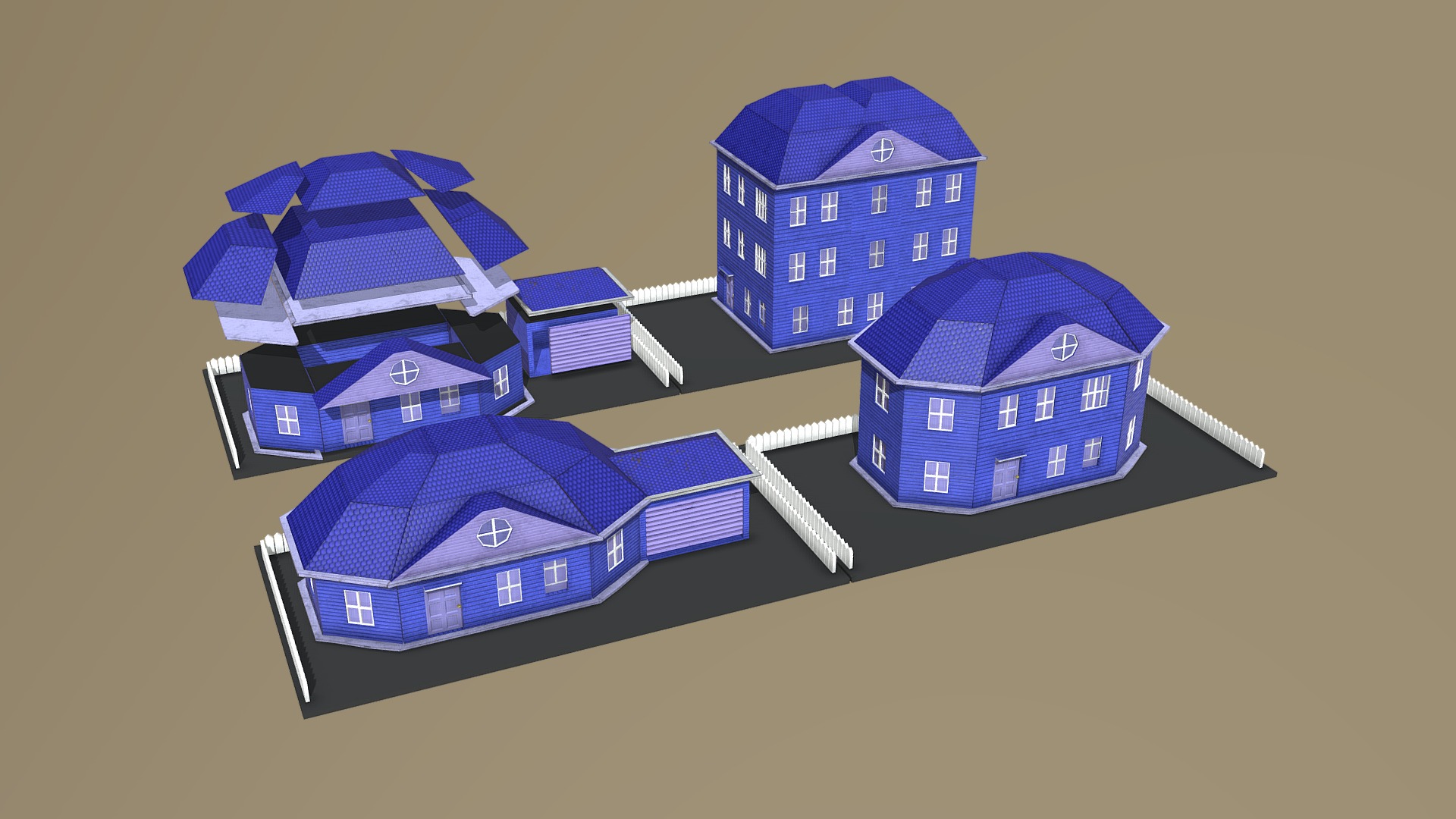 3D model House Parts - This is a 3D model of the House Parts. The 3D model is about a group of blue and white buildings.