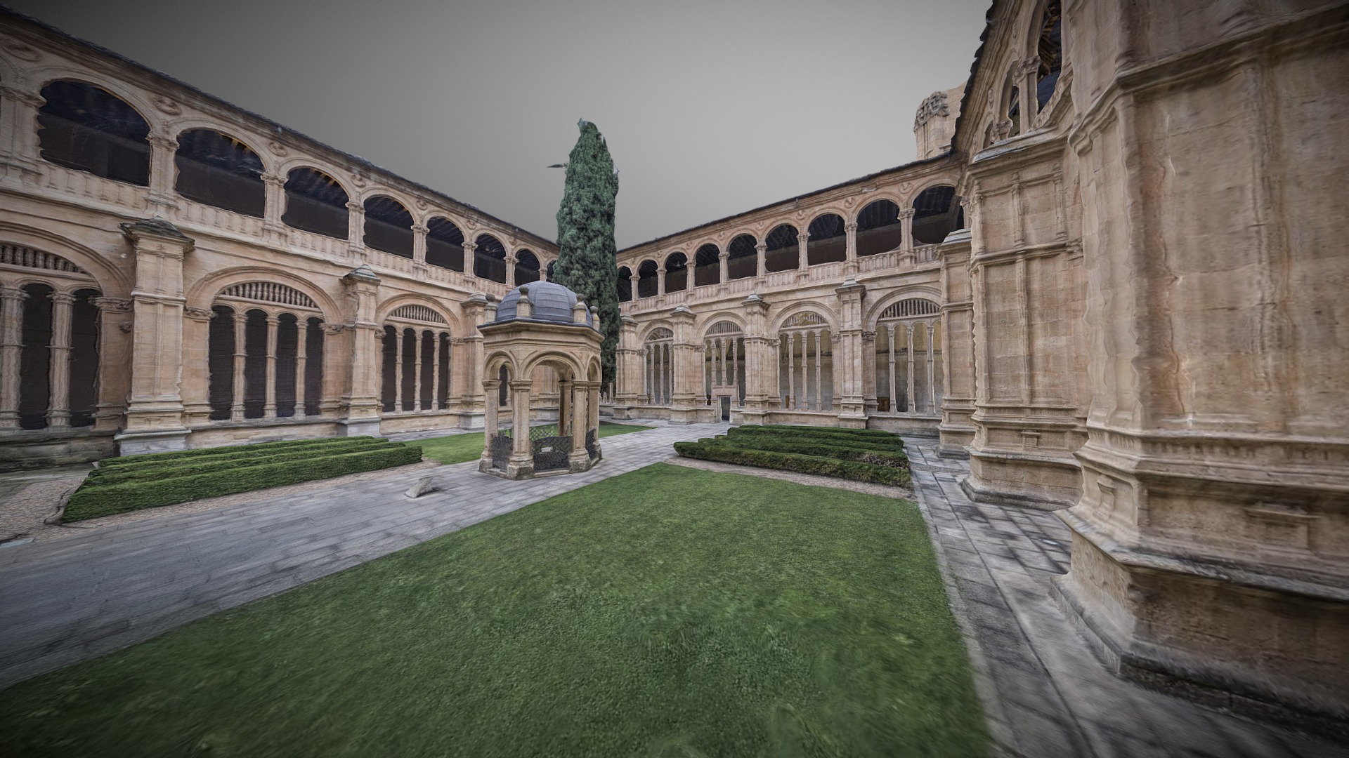 3D model Cloister of the Kings – photogrammetry scan - This is a 3D model of the Cloister of the Kings - photogrammetry scan. The 3D model is about a courtyard with a building in the background.