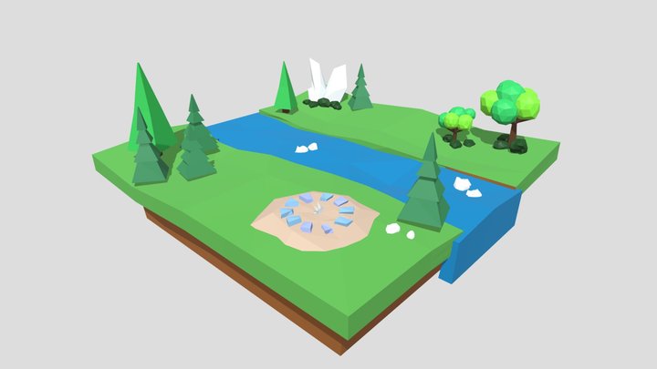 Low poly landscape with river and trees 3D Model