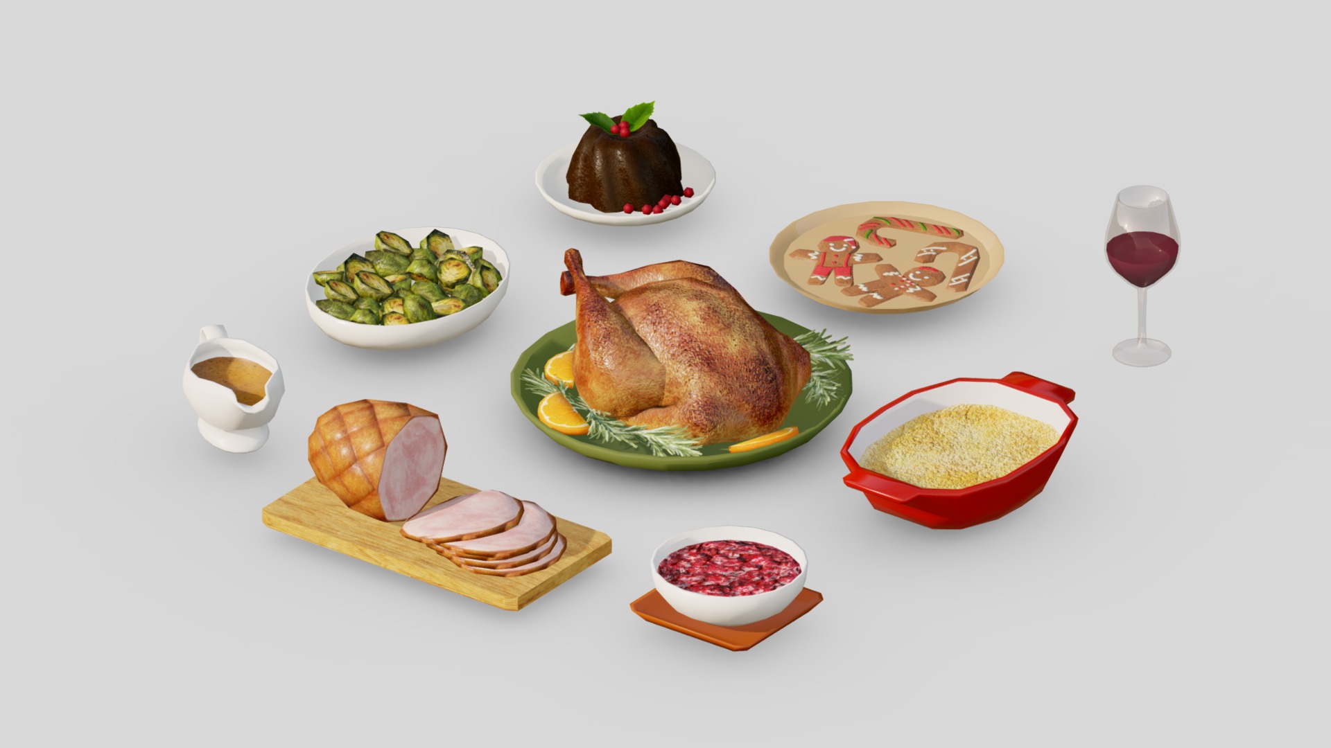 3D model Holiday Foods Low-poly G37 - This is a 3D model of the Holiday Foods Low-poly G37. The 3D model is about a table with food and drinks on it.