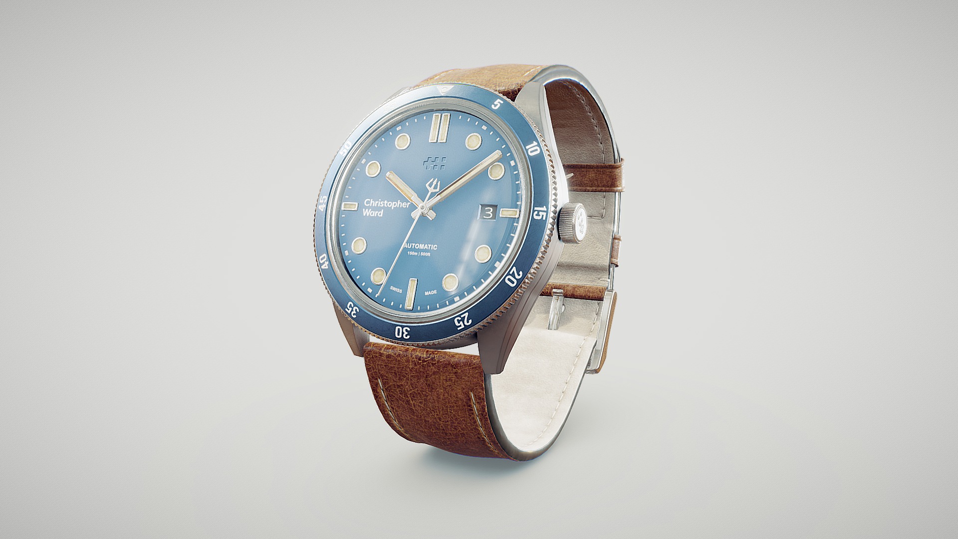 3D model Christopher Ward C65 Watch - This is a 3D model of the Christopher Ward C65 Watch. The 3D model is about a watch on a white surface.