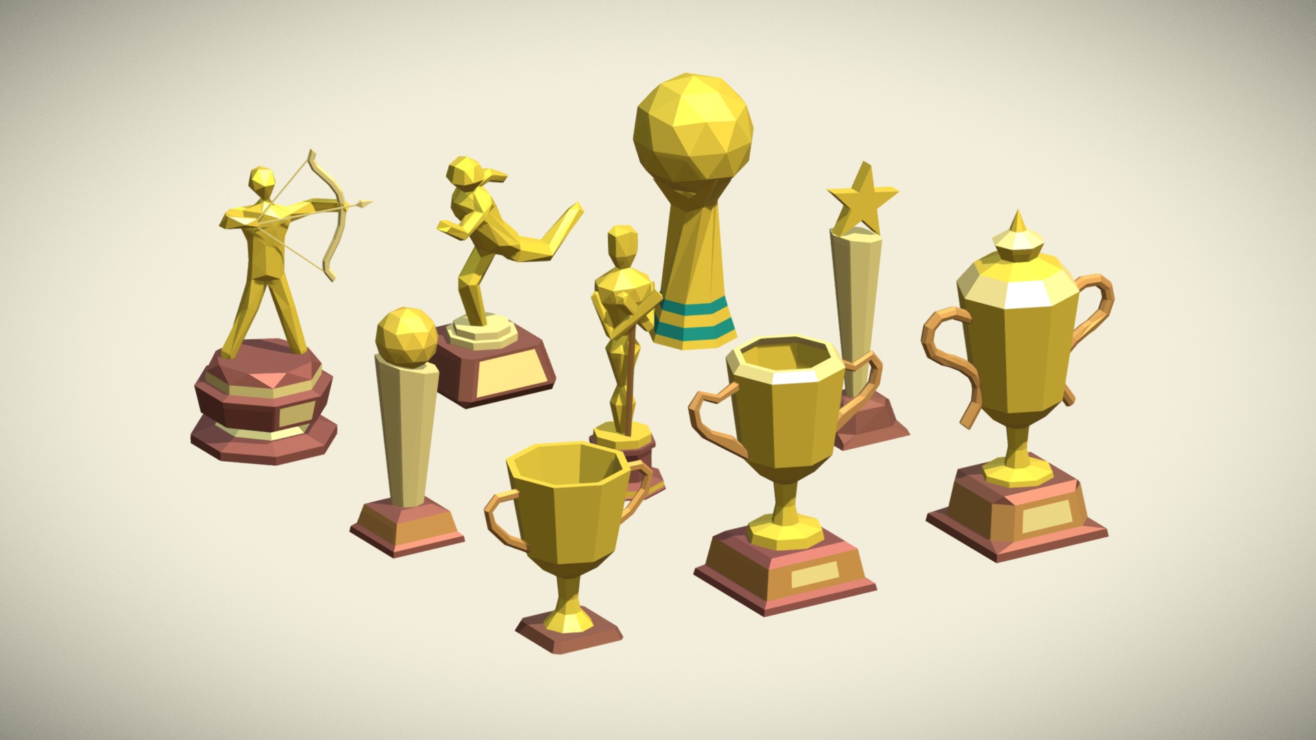 3D model Low Poly Trophy Pack: 9 trophies in fbx/blend - This is a 3D model of the Low Poly Trophy Pack: 9 trophies in fbx/blend. The 3D model is about a group of colorful statues.