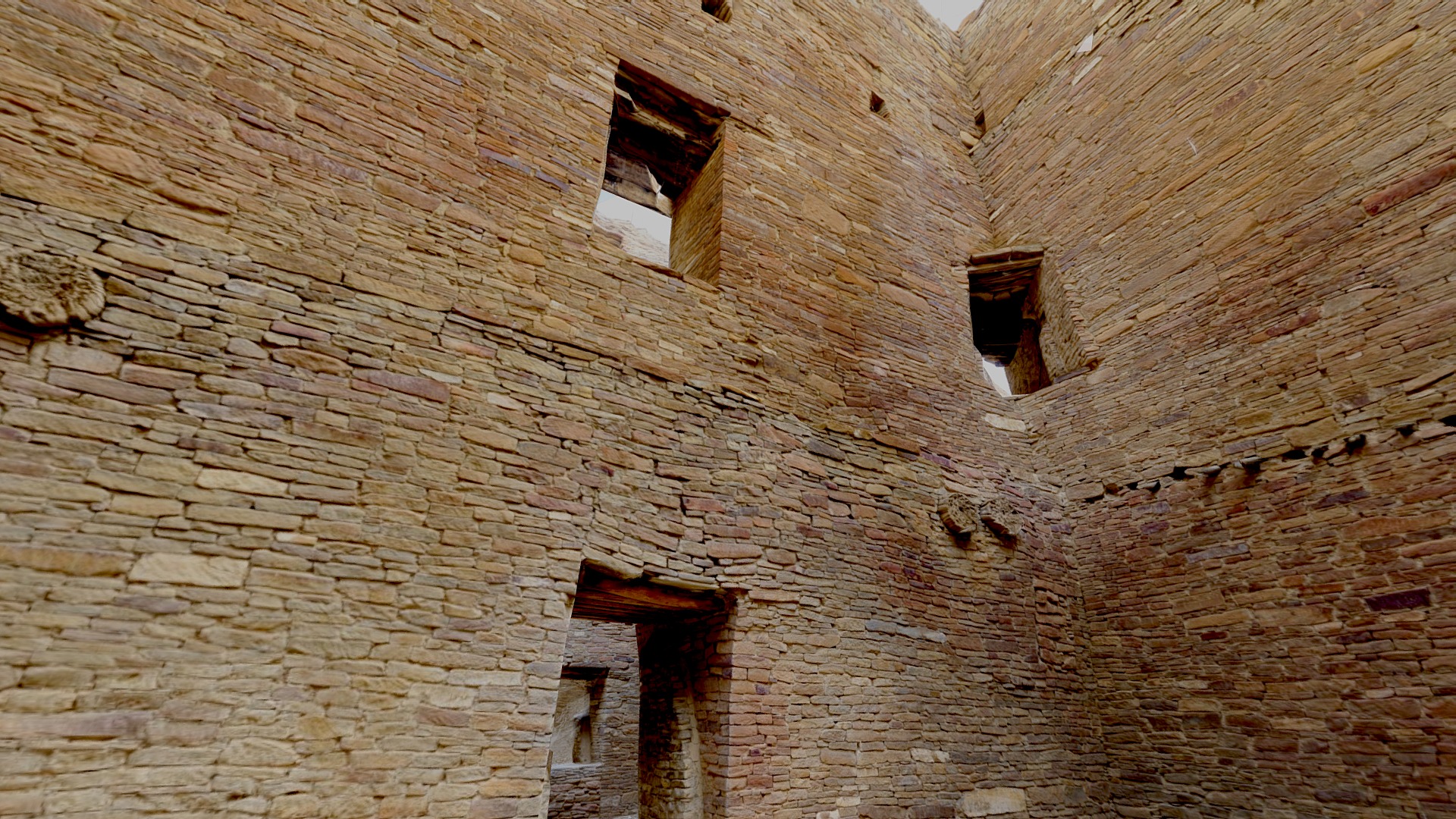 3D model Pueblo Bonita Rooms, Chaco Canyon New Mexico - This is a 3D model of the Pueblo Bonita Rooms, Chaco Canyon New Mexico. The 3D model is about a brick building with windows.