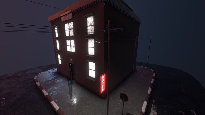 Old Street Hotel Building At Night 3D Model