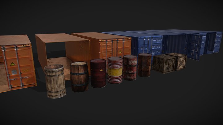 Modular containers and barrells pack game ready 3D Model