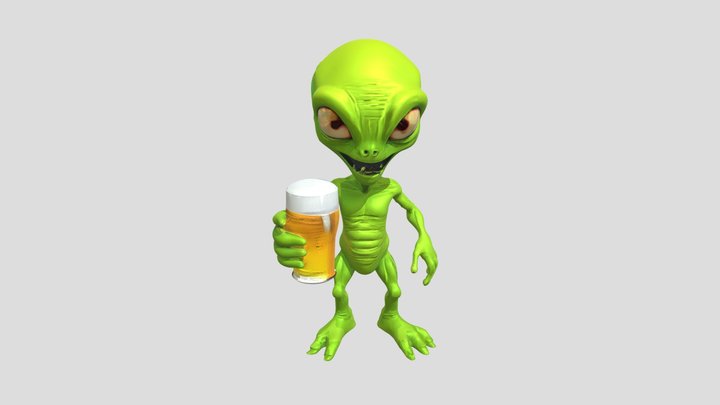 Green alien holding a glass of beer 3D Model