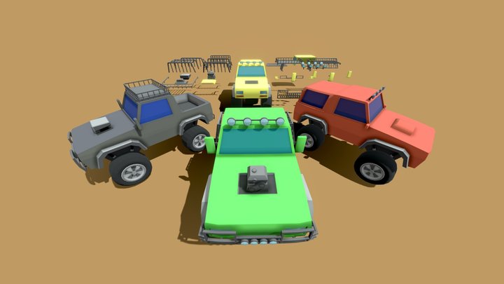 Lowpoly Modullar OffRoad Car Complete Pack 3D Model
