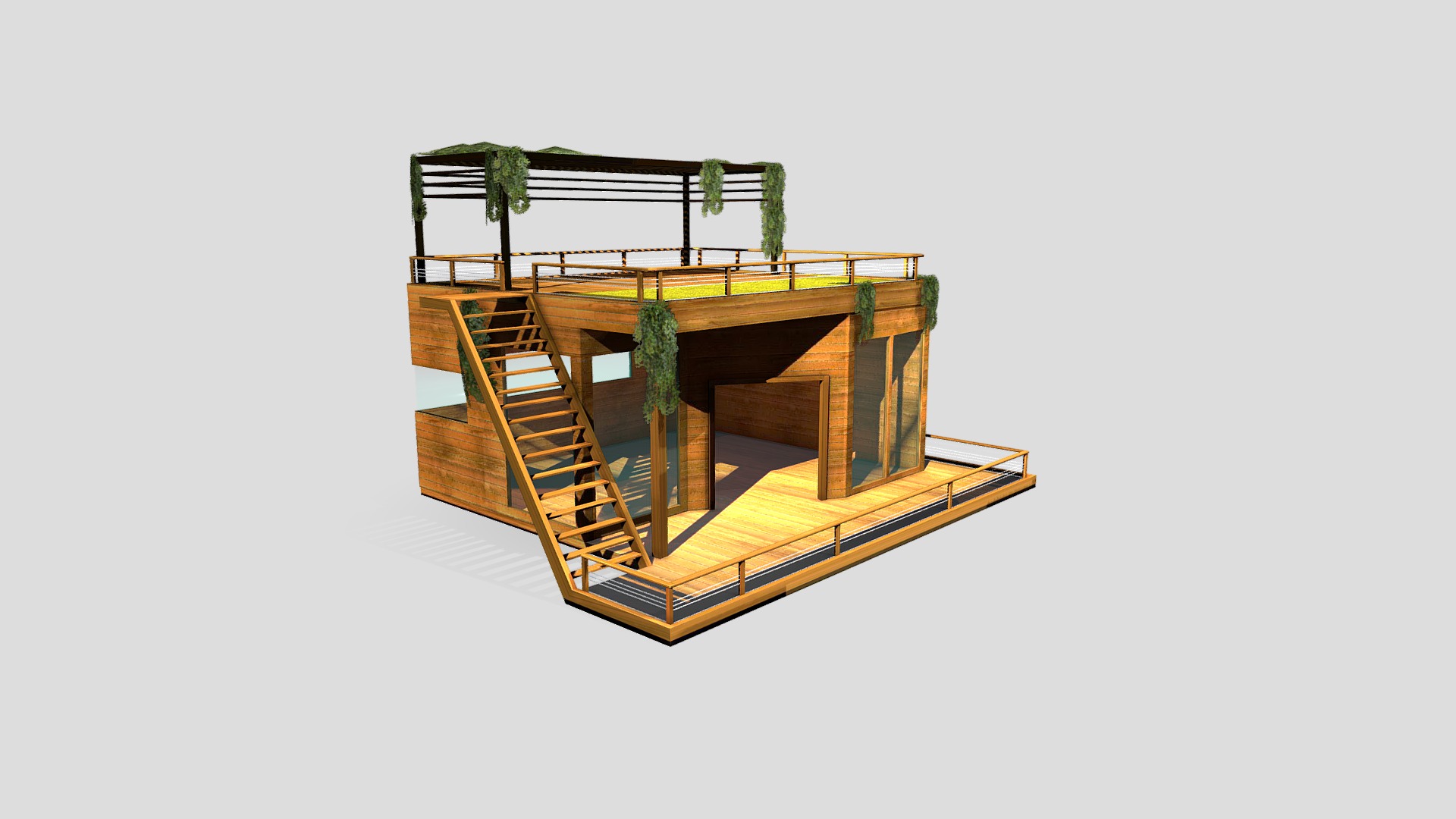 3D model FBX Floating Boat Yatch Modern Wooden House - This is a 3D model of the FBX Floating Boat Yatch Modern Wooden House. The 3D model is about a wood structure with a ladder.