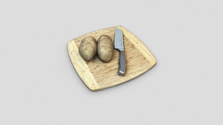Wood Cutting Board with Knife and Potatoes 3D Model