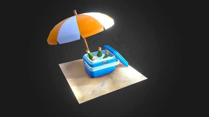 Beach umbrella, cooler bag with drinks 3D Model