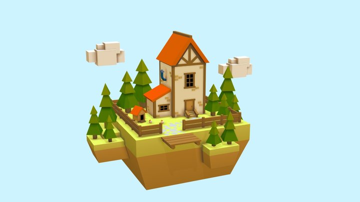 Low Poly Farmhouse With Chickens 3D Model