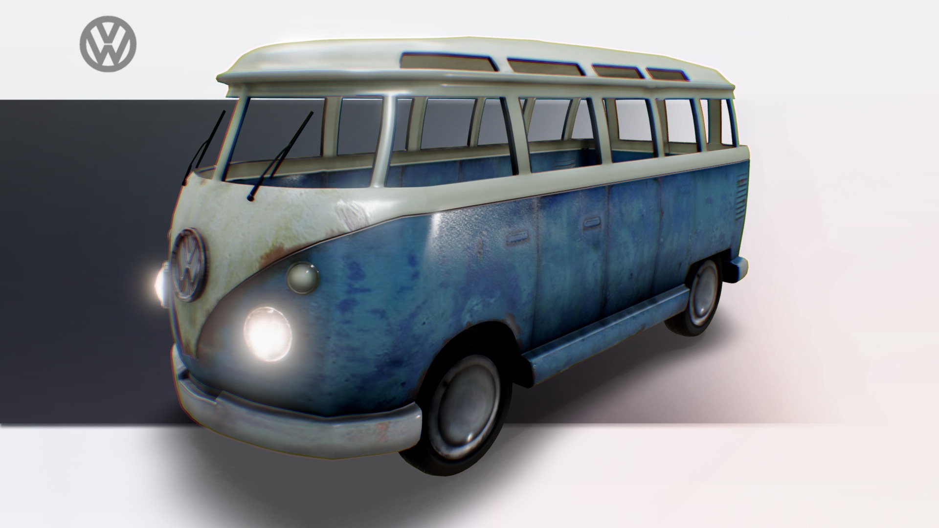 3D model VW Camper  – Samba - This is a 3D model of the VW Camper  - Samba. The 3D model is about a blue and white bus.