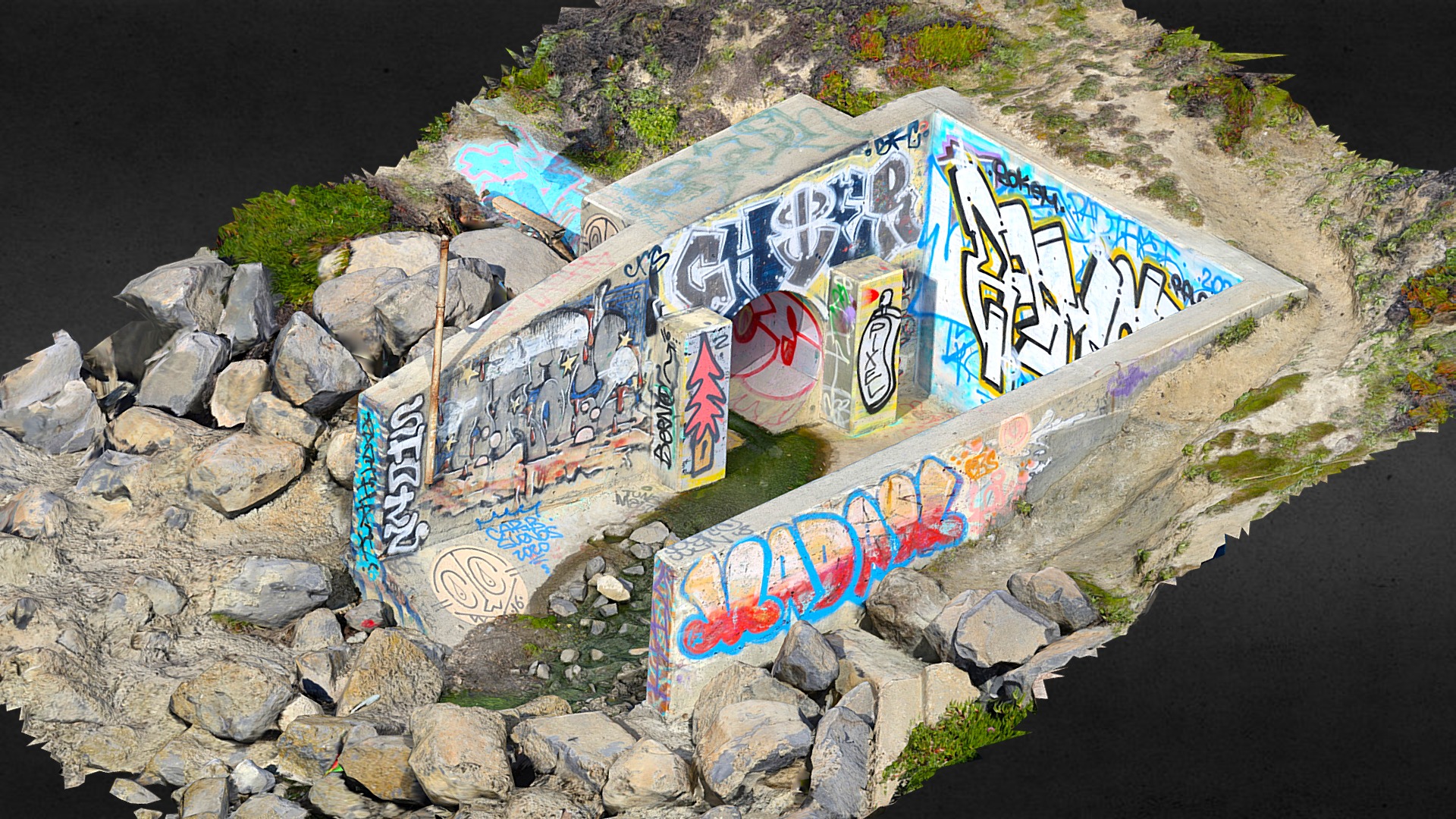 3D model Concrete water pipe structure with graffiti - This is a 3D model of the Concrete water pipe structure with graffiti. The 3D model is about a wall with graffiti.