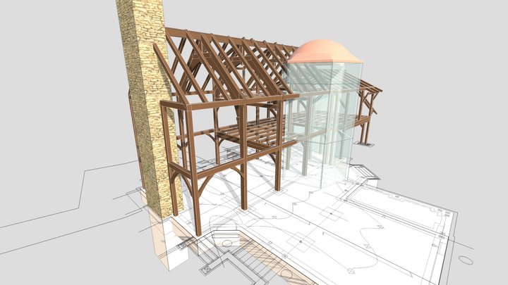 Timber Frame House w/ Porte Cochere 3D Model