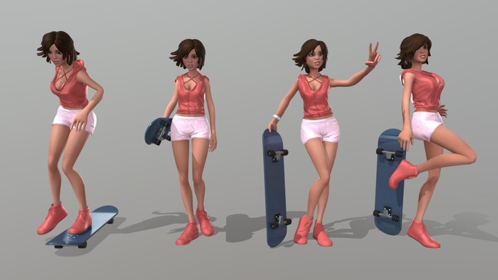 Skateboard girl animated 3D Model