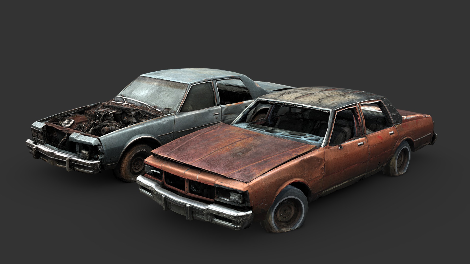 3D model Abandoned 80’s Sedans - This is a 3D model of the Abandoned 80's Sedans. The 3D model is about a couple of old cars.