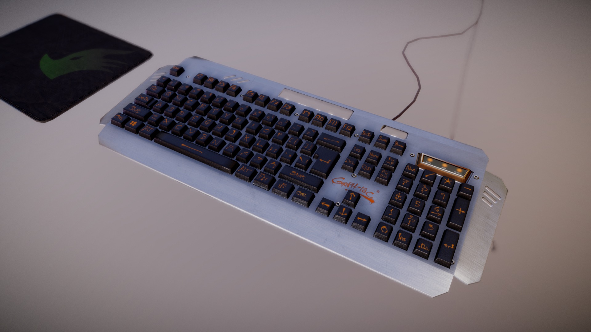 3D model PC Keyboard, mouse mat & coaster - This is a 3D model of the PC Keyboard, mouse mat & coaster. The 3D model is about a keyboard on a table.